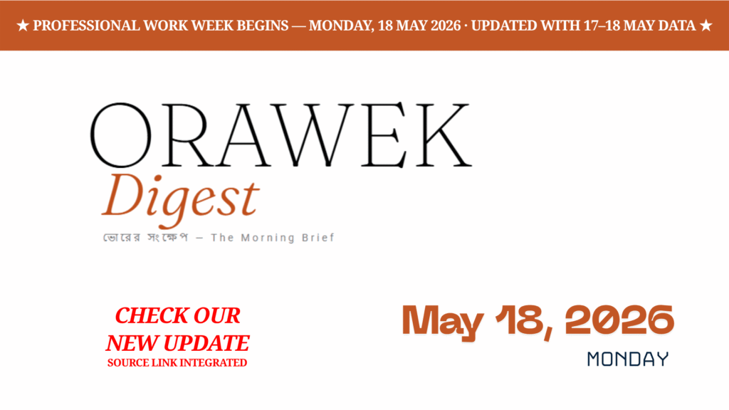 Orawek Digest morning brief every weekday at 8 am on Business , Economy & Ai. Monday, May 18, 2026.